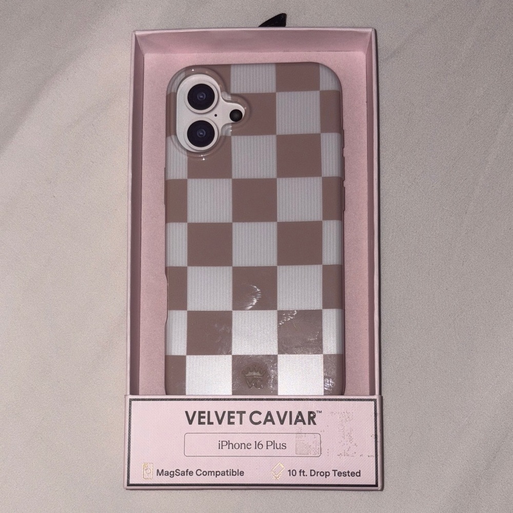 Velvet Caviar iPhone 16 Plus Case - Nude and White Checkered
